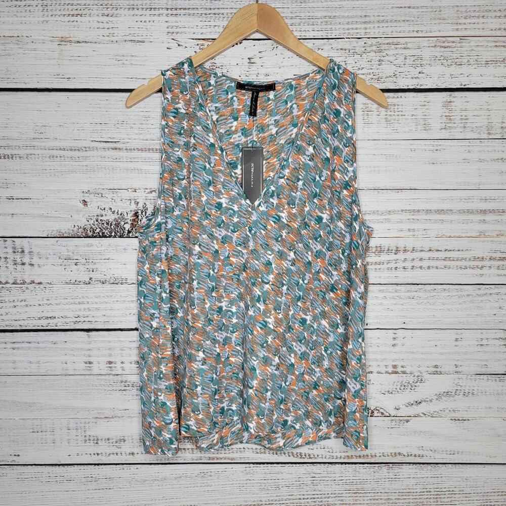 BCBGMaxAzria V-Neck A-Line Sleeveless Blouse Turquoise and Orange | Large